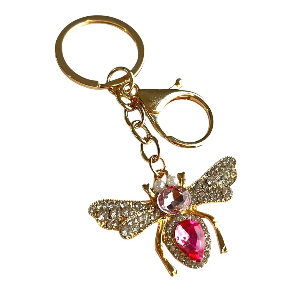 Women's Gold Tone Pink Clear Rhinestone Bee Pearl Charm Key Chain Keyring 4